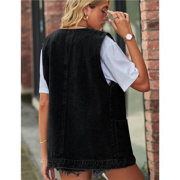 New Women's Cropped Distressed Denim Vest - Ripped Sleeveless Jean Jacket with - Picture 4 of 7